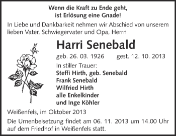 Traueranzeige von Harri Senebald von WVG - Wochenspiegel NMB / WSF / ZTZ