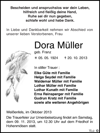Traueranzeige von Dora Müller von WVG - Wochenspiegel NMB / WSF / ZTZ