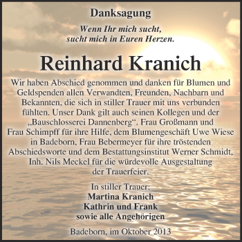 Traueranzeige von Reinhard Kranich von WVG - Wochenspiegel Quedlinburg
