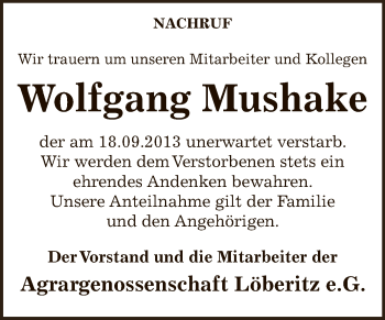 Traueranzeige von Wolfgang Mushake von WVG - Wochenspiegel Bitterfeld
