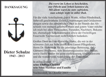 Traueranzeige von Dieter Schulze von Super Sonntag Aschersleben