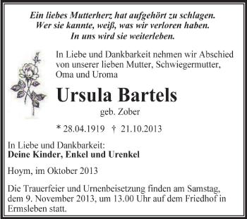 Traueranzeige von Ursula Bartels von Super Sonntag Aschersleben