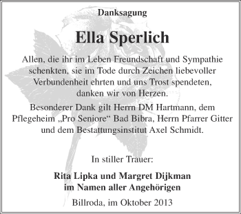Traueranzeige von Ella Sperlich von WVG - Wochenspiegel NMB / WSF / ZTZ