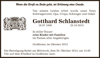 Traueranzeige von Gotthard Schlanstedt von Super Sonntag SGH Mansf. Land