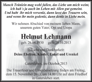 Traueranzeige von Helmut Lehmann von Super Sonntag Aschersleben