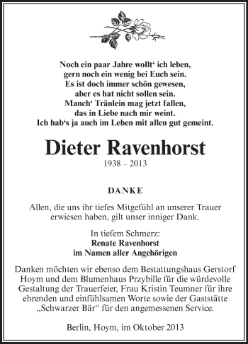 Traueranzeige von Dieter Ravenhorst von Super Sonntag Aschersleben