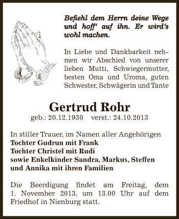 Traueranzeige von Gertrud Rohr von Super Sonntag Bernburg