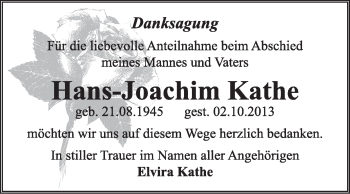Traueranzeige von Hans-Joachim Kathe von Super Sonntag Dessau / Köthen