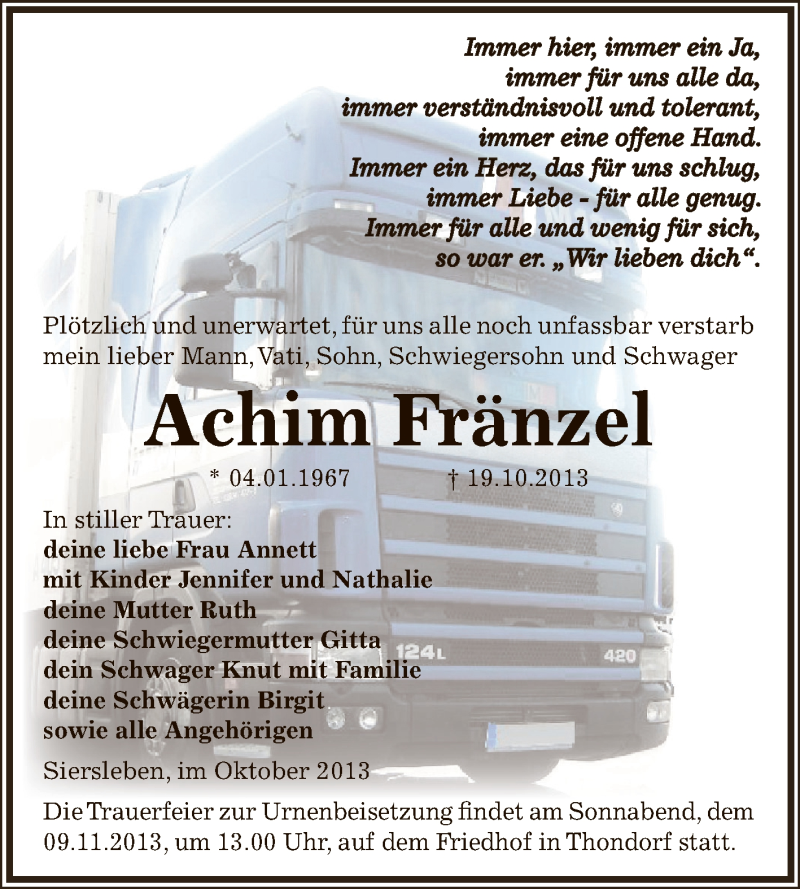  Traueranzeige für Achim Fränzel vom 30.10.2013 aus Wochenspiegel Mansfelder Land