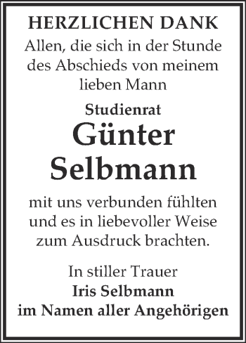 Traueranzeige von Günter Selbmann von WVG - Wochenspiegel NMB / WSF / ZTZ