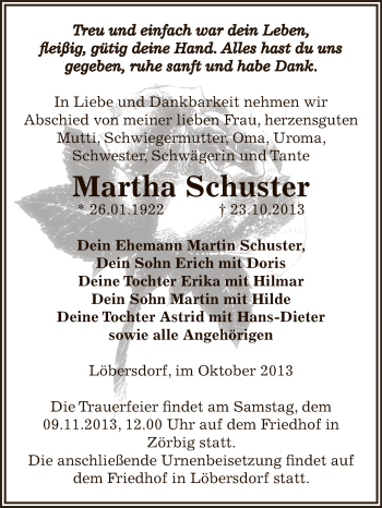 Traueranzeige von Martha Schuster von WVG - Wochenspiegel Bitterfeld