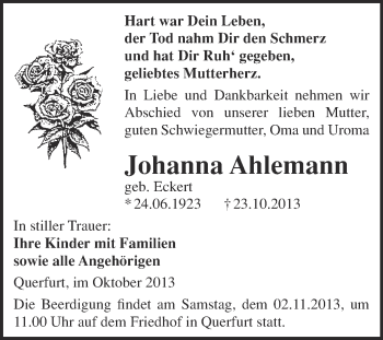 Traueranzeige von Johanna Ahlemann von WVG - Wochenspiegel Merseburg