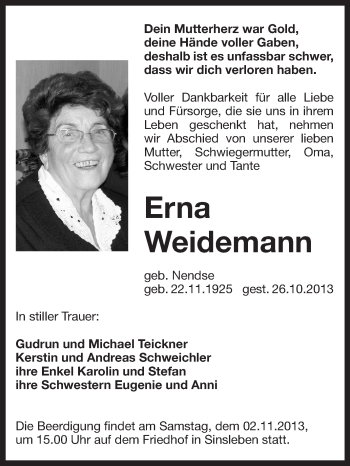 Traueranzeige von Erna Weidemann von WVG - Wochenspiegel Aschersleben