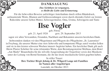 Traueranzeige von Ilse Vogler von Super Sonntag Merseburg
