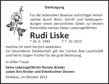 Traueranzeige von Rudi Liske von WVG - Wochenspiegel Merseburg