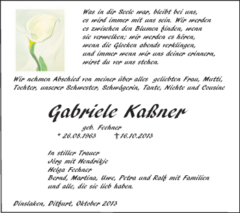 Traueranzeige von Gabriele Kaßner von WVG - Wochenspiegel Quedlinburg