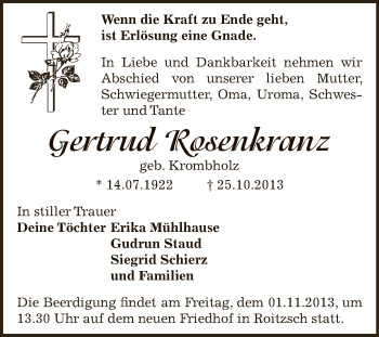 Traueranzeige von Gertrud Rosenkranz von WVG - Wochenspiegel Bitterfeld
