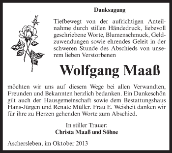 Traueranzeige von Wolfgang Maaß von WVG - Wochenspiegel Aschersleben