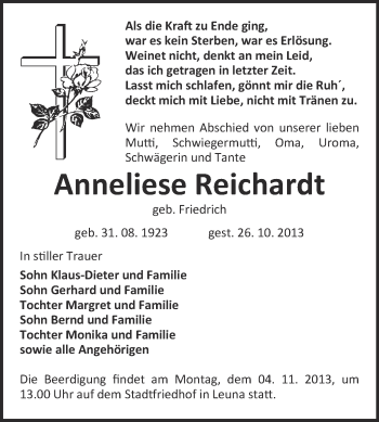 Traueranzeige von Anneliese Reichardt von WVG - Wochenspiegel Merseburg