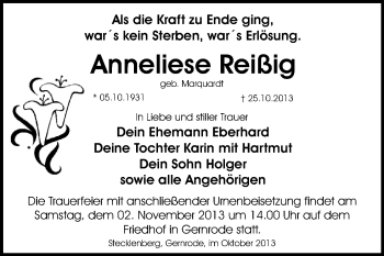 Traueranzeige von Anneliese Reißig von WVG - Wochenspiegel Quedlinburg