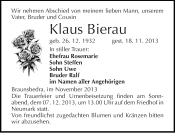 Traueranzeige von Klaus Bierau von Mitteldeutsche Zeitung Merseburg/Querfurt