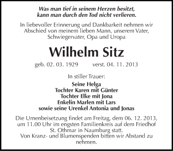 Traueranzeige von Wilhelm Sitz von Mitteldeutsche Zeitung Naumburg/Nebra