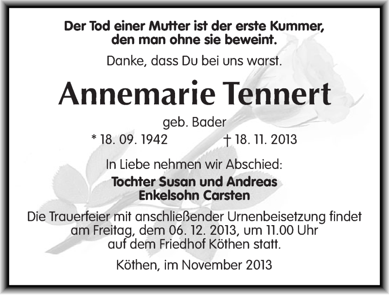  Traueranzeige für Annemarie Tennert vom 30.11.2013 aus Mitteldeutsche Zeitung Köthen