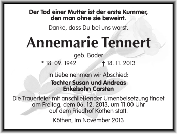 Traueranzeige von Annemarie Tennert von Mitteldeutsche Zeitung Köthen