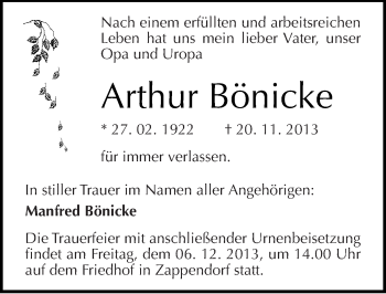 Traueranzeige von Arthur Bönicke von Mitteldeutsche Zeitung Halle/Saalkreis