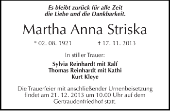 Traueranzeige von Martha Anna Striska von Mitteldeutsche Zeitung Halle/Saalkreis