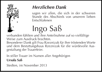 Traueranzeige von Ingo Saß von Mitteldeutsche Zeitung Mansfelder Land