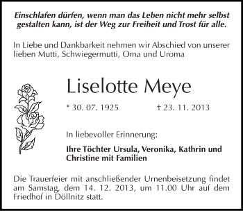 Traueranzeige von Liselotte Meye von Mitteldeutsche Zeitung Halle/Saalkreis