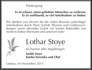 Traueranzeige von Lothar Stoye von Mitteldeutsche Zeitung Halle/Saalkreis