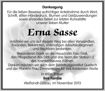 Traueranzeige von Erna Sasse von Mitteldeutsche Zeitung Köthen