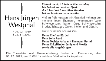 Traueranzeige von Hans Jürgen Westphal von Mitteldeutsche Zeitung Köthen