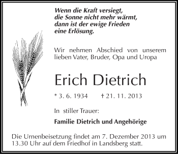 Traueranzeige von Erich Dietrich von Mitteldeutsche Zeitung Halle/Saalkreis