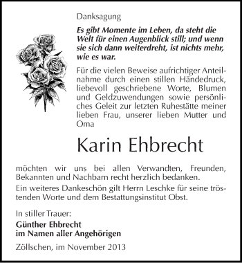 Traueranzeige von Karin Ehbrecht von Mitteldeutsche Zeitung Merseburg/Querfurt