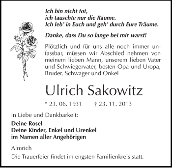 Traueranzeige von Ulrich Sakowitz von Mitteldeutsche Zeitung Naumburg/Nebra
