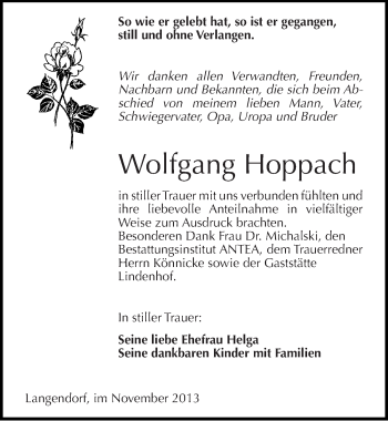 Traueranzeige von Wolfgang Hoppach von Mitteldeutsche Zeitung Weißenfels