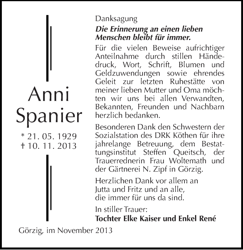  Traueranzeige für Anni Spanier vom 28.11.2013 aus Mitteldeutsche Zeitung Köthen