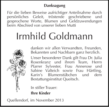 Traueranzeige von Irmhild Goldmann von Mitteldeutsche Zeitung Köthen