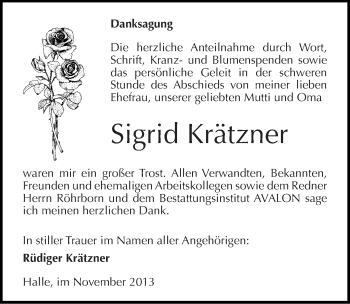 Traueranzeige von Sigrid Krätzner von Mitteldeutsche Zeitung Halle/Saalkreis