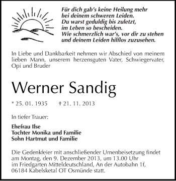 Traueranzeige von Werner Sandig von Mitteldeutsche Zeitung Halle/Saalkreis