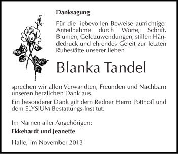 Traueranzeige von Blanka Tandel von Mitteldeutsche Zeitung Halle/Saalkreis