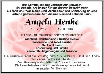 Traueranzeige von Angela Henke von Mitteldeutsche Zeitung Halle/Saalkreis