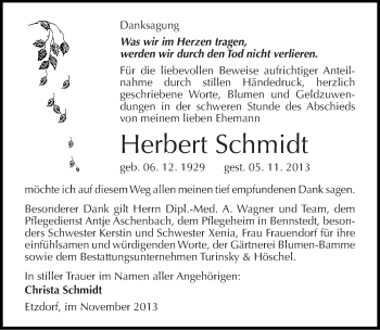 Traueranzeige von Herbert Schmidt von Mitteldeutsche Zeitung Halle/Saalkreis