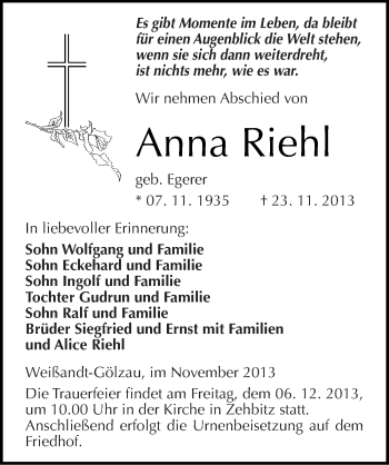 Traueranzeige von Anna Riehl von Mitteldeutsche Zeitung Köthen