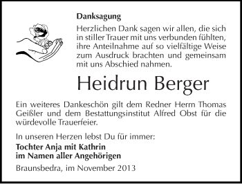 Traueranzeige von Heidrun Berger von Mitteldeutsche Zeitung Merseburg/Querfurt