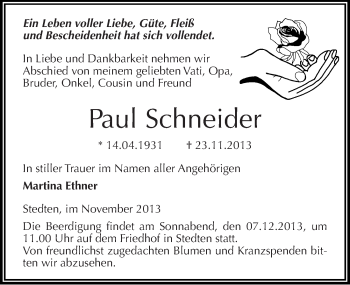 Traueranzeige von Paul Schneider von Mitteldeutsche Zeitung Mansfelder Land