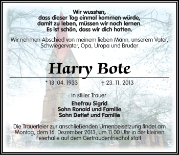 Traueranzeige von Harry Bote von Mitteldeutsche Zeitung Halle/Saalkreis